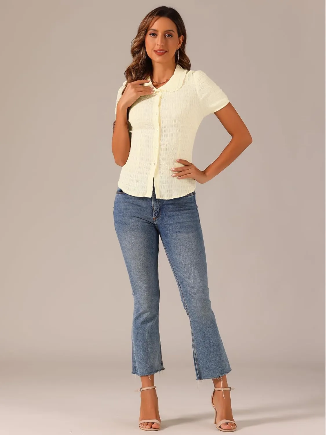Allegra K Women's Sweet Peter Pan Collar Button Down Soft Shirt Blouse