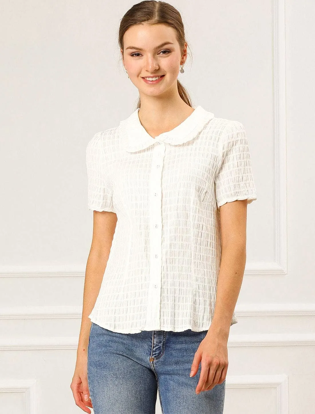 Allegra K Women's Sweet Peter Pan Collar Button Down Soft Shirt Blouse
