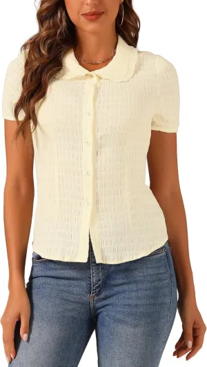 Allegra K Women's Sweet Peter Pan Collar Button Down Soft Shirt Blouse