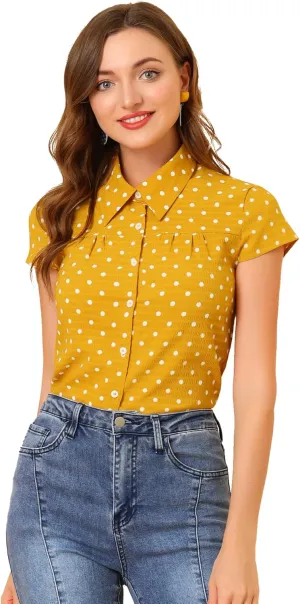 Allegra K Women's Vintage Polka Dots Shirt Retro Short Sleeve Button Up Tops