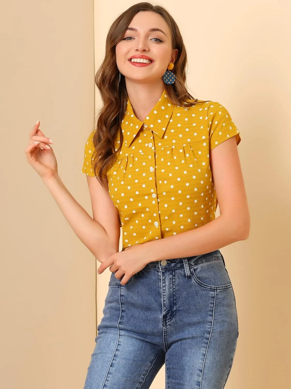 Allegra K Women's Vintage Polka Dots Shirt Retro Short Sleeve Button Up Tops