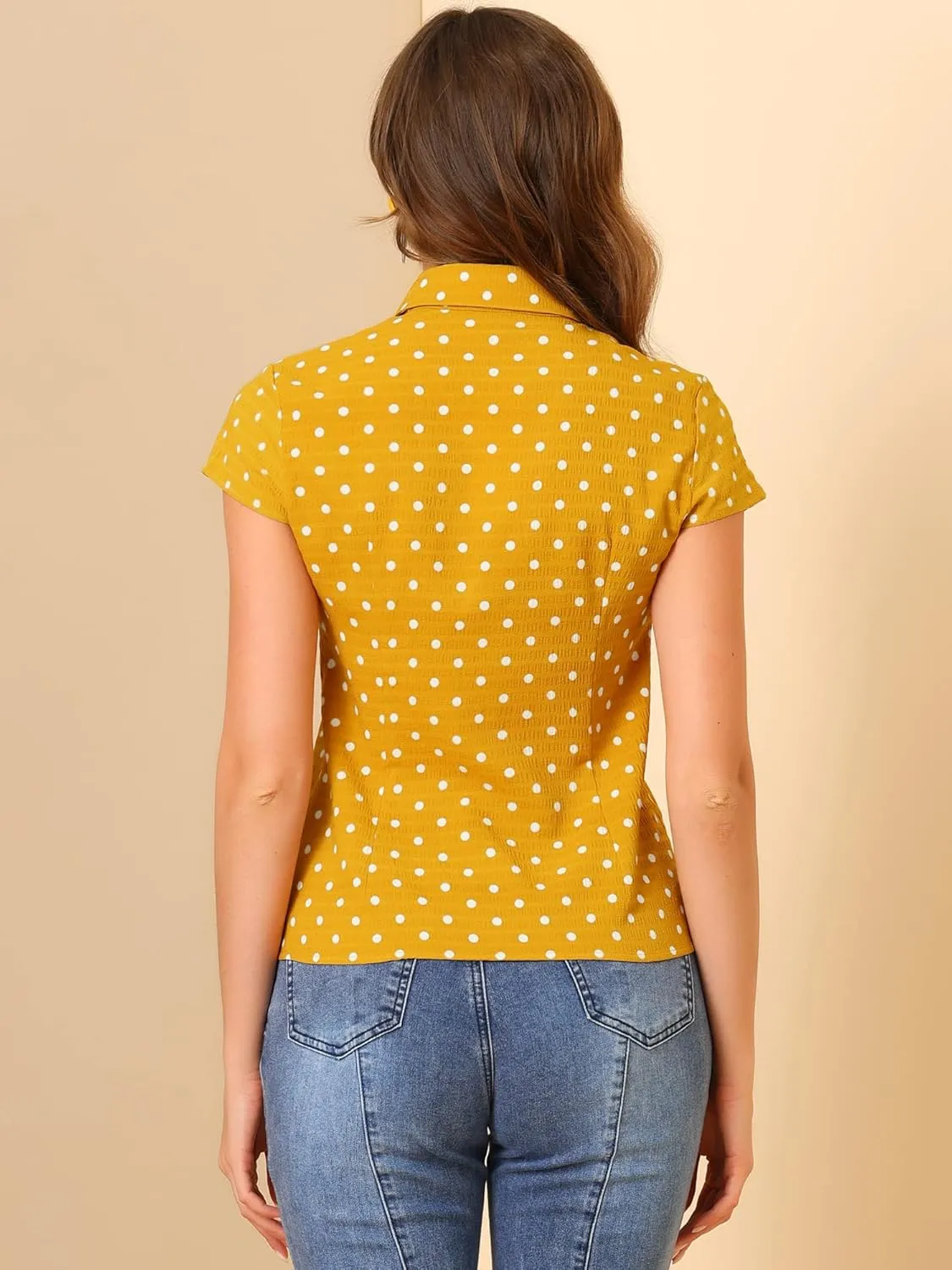 Allegra K Women's Vintage Polka Dots Shirt Retro Short Sleeve Button Up Tops