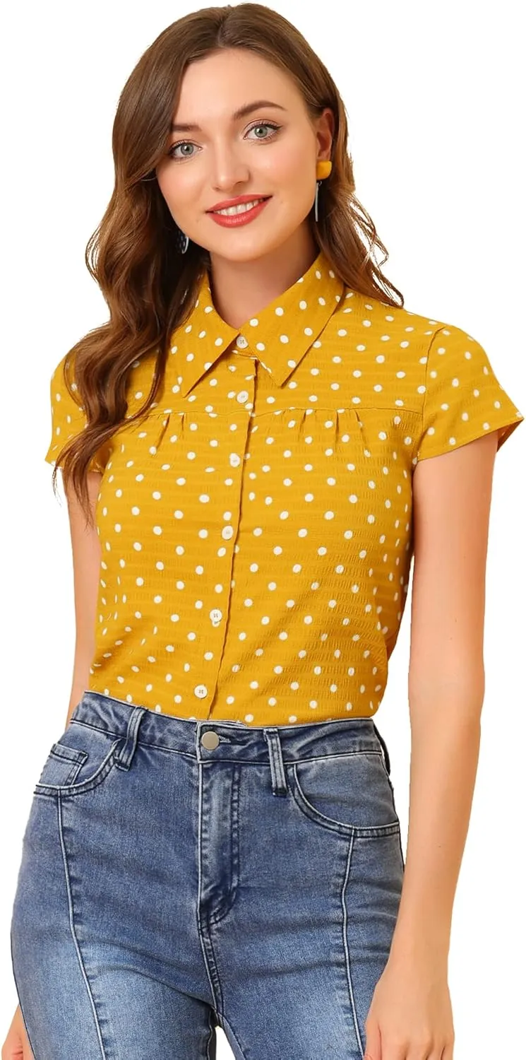 Allegra K Women's Vintage Polka Dots Shirt Retro Short Sleeve Button Up Tops