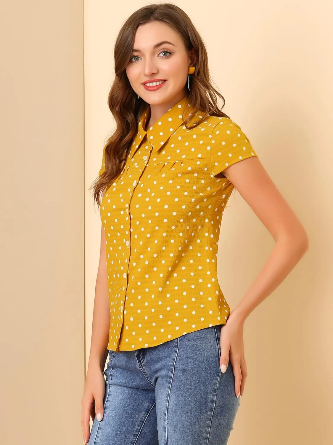 Allegra K Women's Vintage Polka Dots Shirt Retro Short Sleeve Button Up Tops