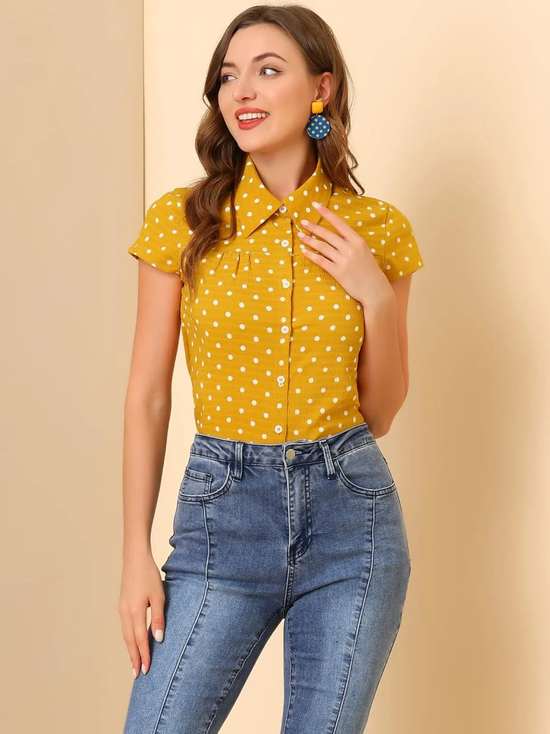 Allegra K Women's Vintage Polka Dots Shirt Retro Short Sleeve Button Up Tops