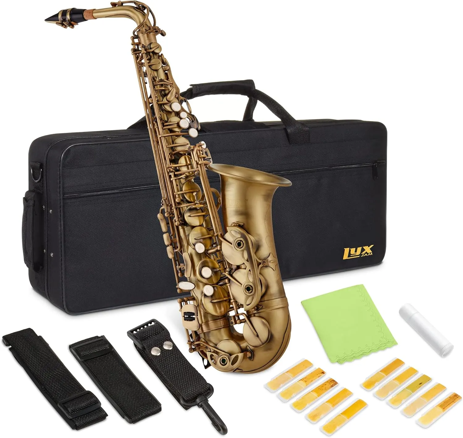 Alto Saxophone E Flat Brass Sax Kit, Professional Sound, Complete Accessories, Ideal for All Players, Includes Hard Case, 10 Extra Reeds, Strap, Gloves, Cleaning Kit & More, Antique Bronze