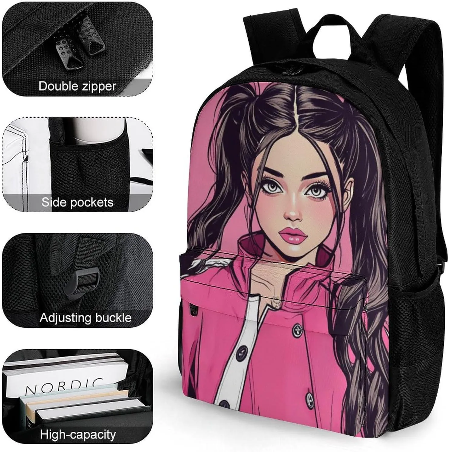 American Pink Woman Woman Art Daypack Backpack Polyester Multipurpose Anti-Theft Shoulder Bag Big Capacity Gym Outdoor Hiking Backpack With Smooth Zippers