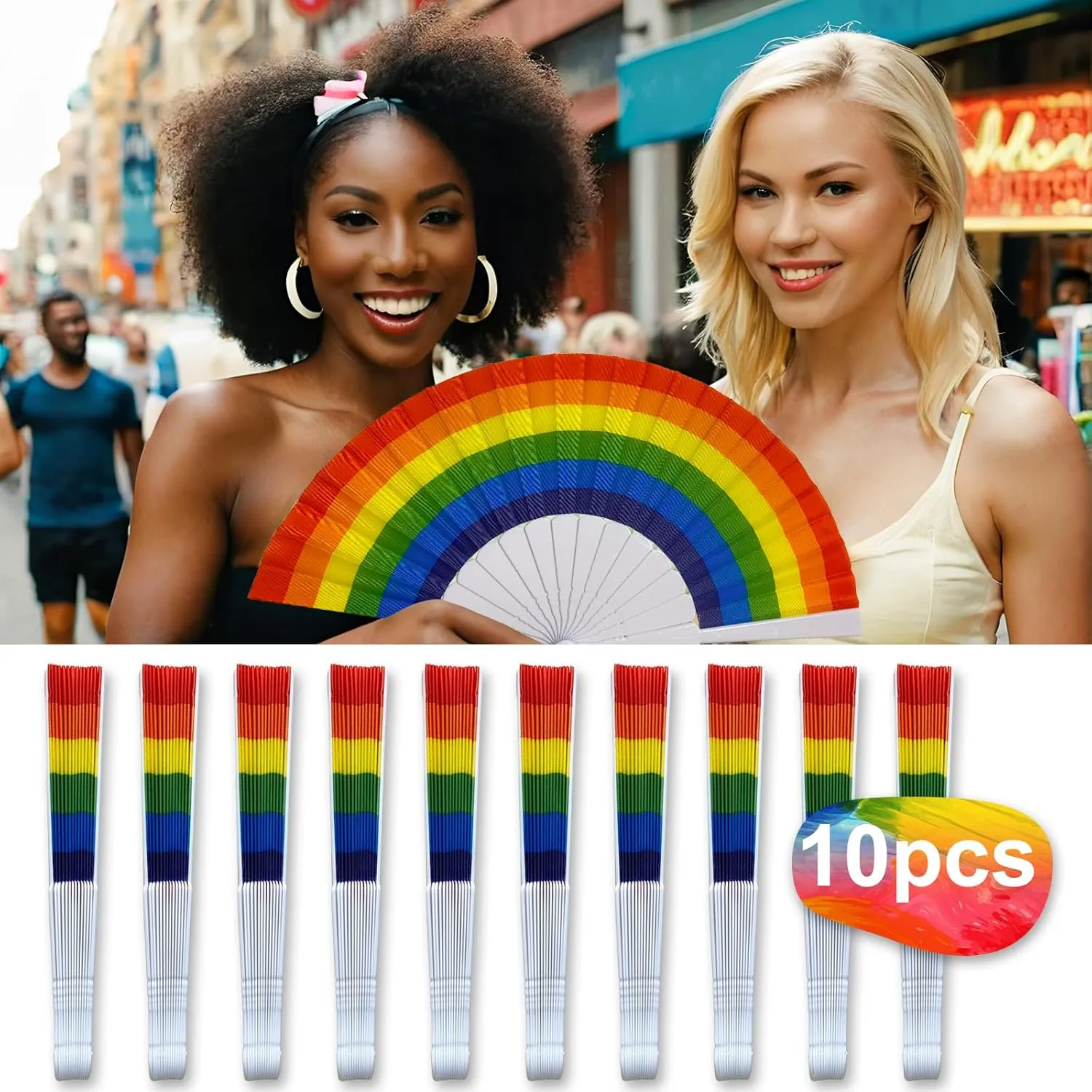 AMS 10pcs Rainbow Hand Fans, Pride Folding Hand Fan, Colorful Hand Held Fan, Plastic Folding Fan for Music Festival Events and Dance Supplies (White, 10pcs)