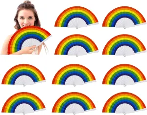 AMS 10pcs Rainbow Hand Fans, Pride Folding Hand Fan, Colorful Hand Held Fan, Plastic Folding Fan for Music Festival Events and Dance Supplies (White, 10pcs)