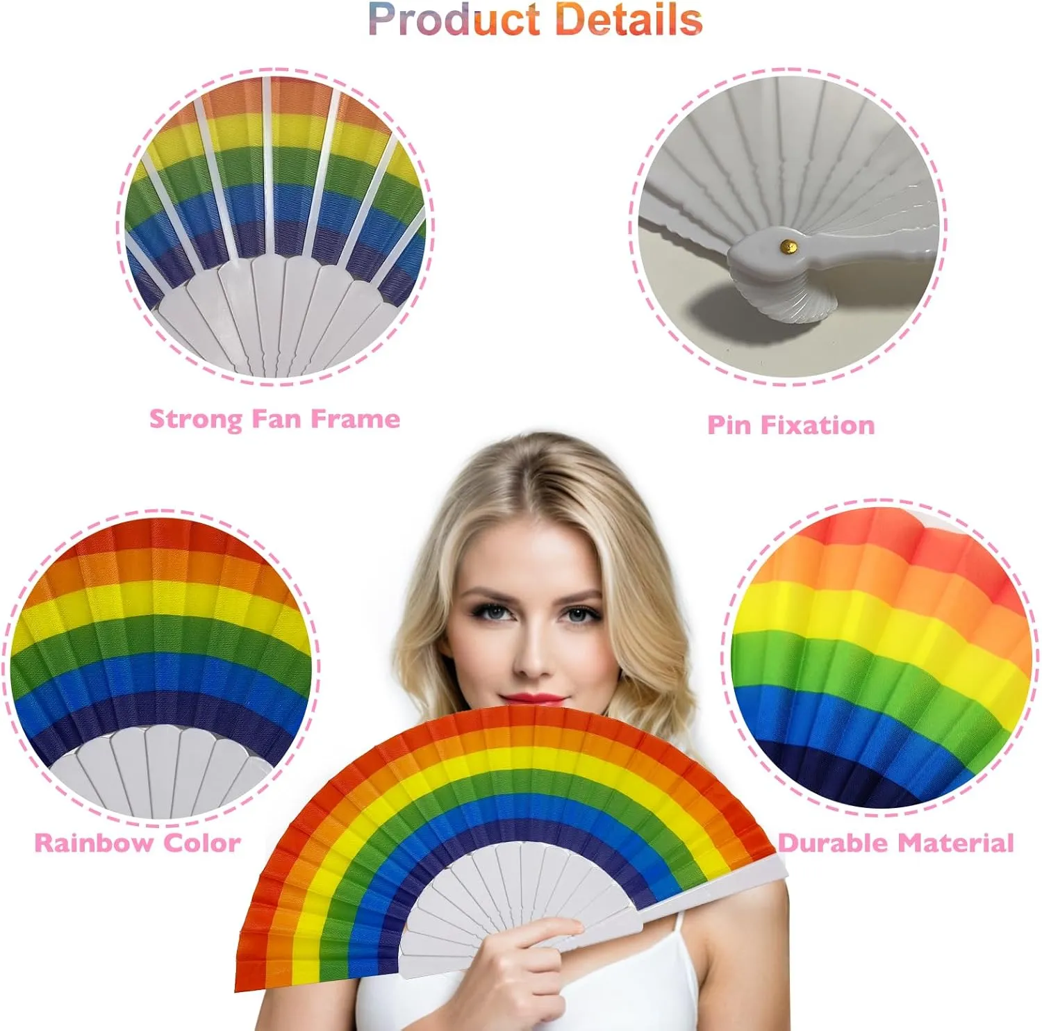 AMS 10pcs Rainbow Hand Fans, Pride Folding Hand Fan, Colorful Hand Held Fan, Plastic Folding Fan for Music Festival Events and Dance Supplies (White, 10pcs)