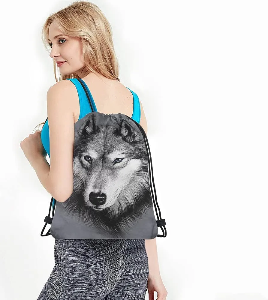 Animal Series Wolf Drawstring Backpack Bag - Hand Drawing Portrait, Cool Wild Wildlife Sport Gym Sack, Yoga Bag for Men & Women