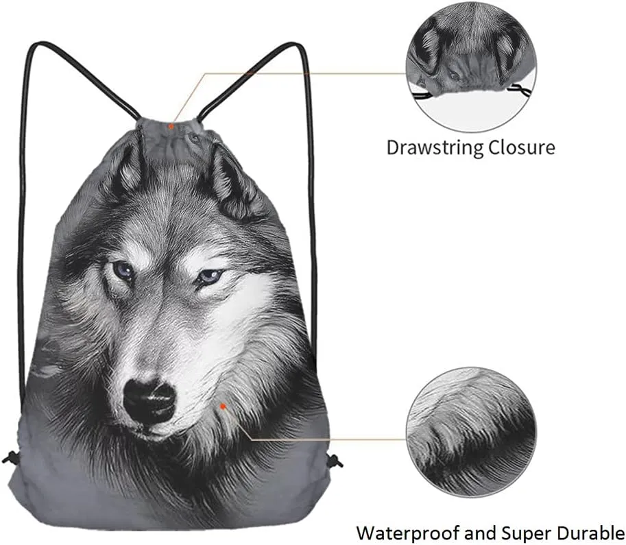Animal Series Wolf Drawstring Backpack Bag - Hand Drawing Portrait, Cool Wild Wildlife Sport Gym Sack, Yoga Bag for Men & Women