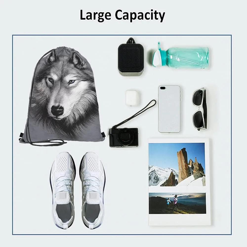 Animal Series Wolf Drawstring Backpack Bag - Hand Drawing Portrait, Cool Wild Wildlife Sport Gym Sack, Yoga Bag for Men & Women