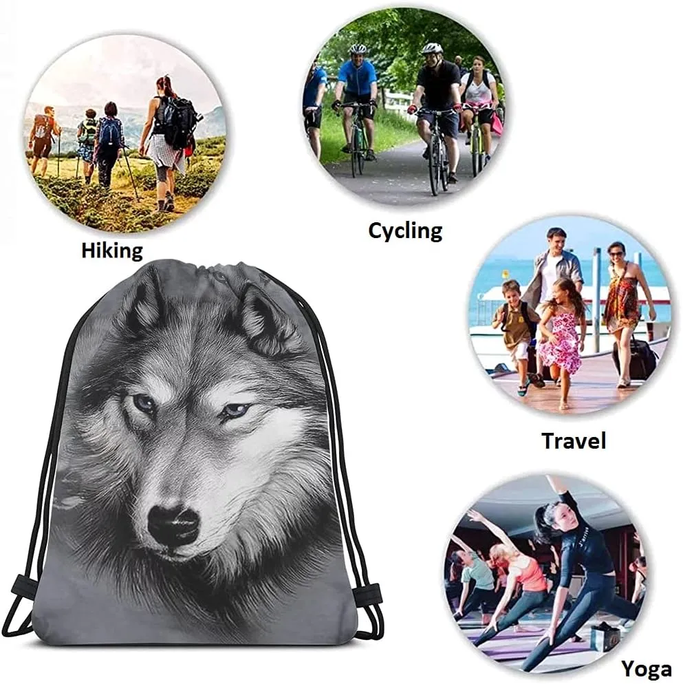 Animal Series Wolf Drawstring Backpack Bag - Hand Drawing Portrait, Cool Wild Wildlife Sport Gym Sack, Yoga Bag for Men & Women