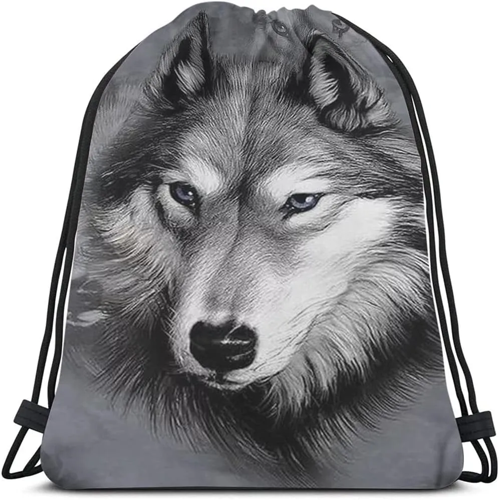 Animal Series Wolf Drawstring Backpack Bag - Hand Drawing Portrait, Cool Wild Wildlife Sport Gym Sack, Yoga Bag for Men & Women