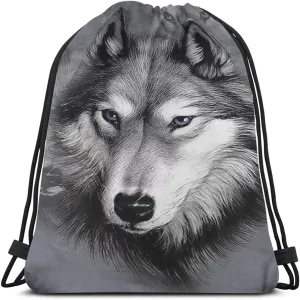 Animal Series Wolf Drawstring Backpack Bag - Hand Drawing Portrait, Cool Wild Wildlife Sport Gym Sack, Yoga Bag for Men & Women