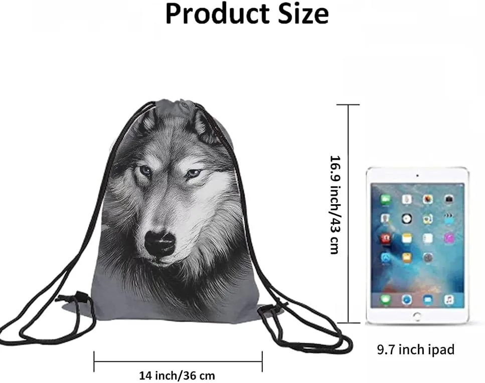 Animal Series Wolf Drawstring Backpack Bag - Hand Drawing Portrait, Cool Wild Wildlife Sport Gym Sack, Yoga Bag for Men & Women