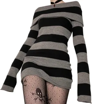 ANKOMINA Women's Gothic Punk Off Shoulder Striped Knit Mini Dress Bodycon Y2K Long Sleeve Sweater Dress for Halloween Party