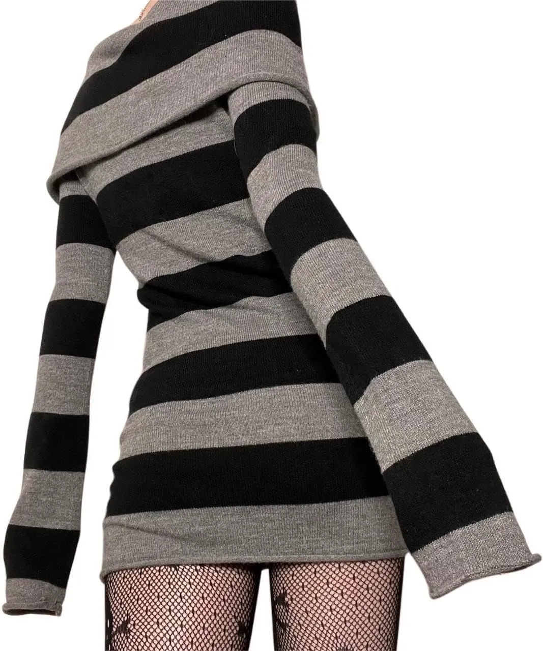 ANKOMINA Women's Gothic Punk Off Shoulder Striped Knit Mini Dress Bodycon Y2K Long Sleeve Sweater Dress for Halloween Party