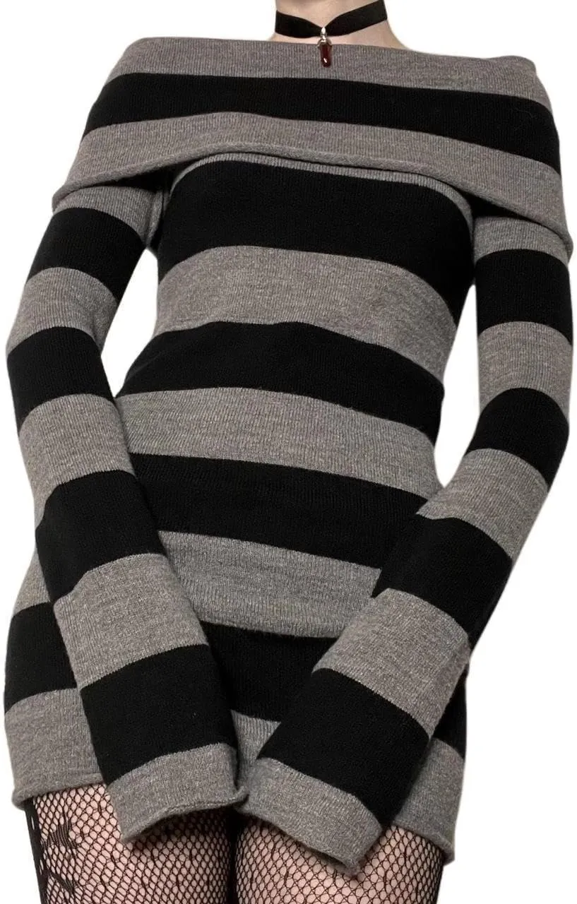 ANKOMINA Women's Gothic Punk Off Shoulder Striped Knit Mini Dress Bodycon Y2K Long Sleeve Sweater Dress for Halloween Party