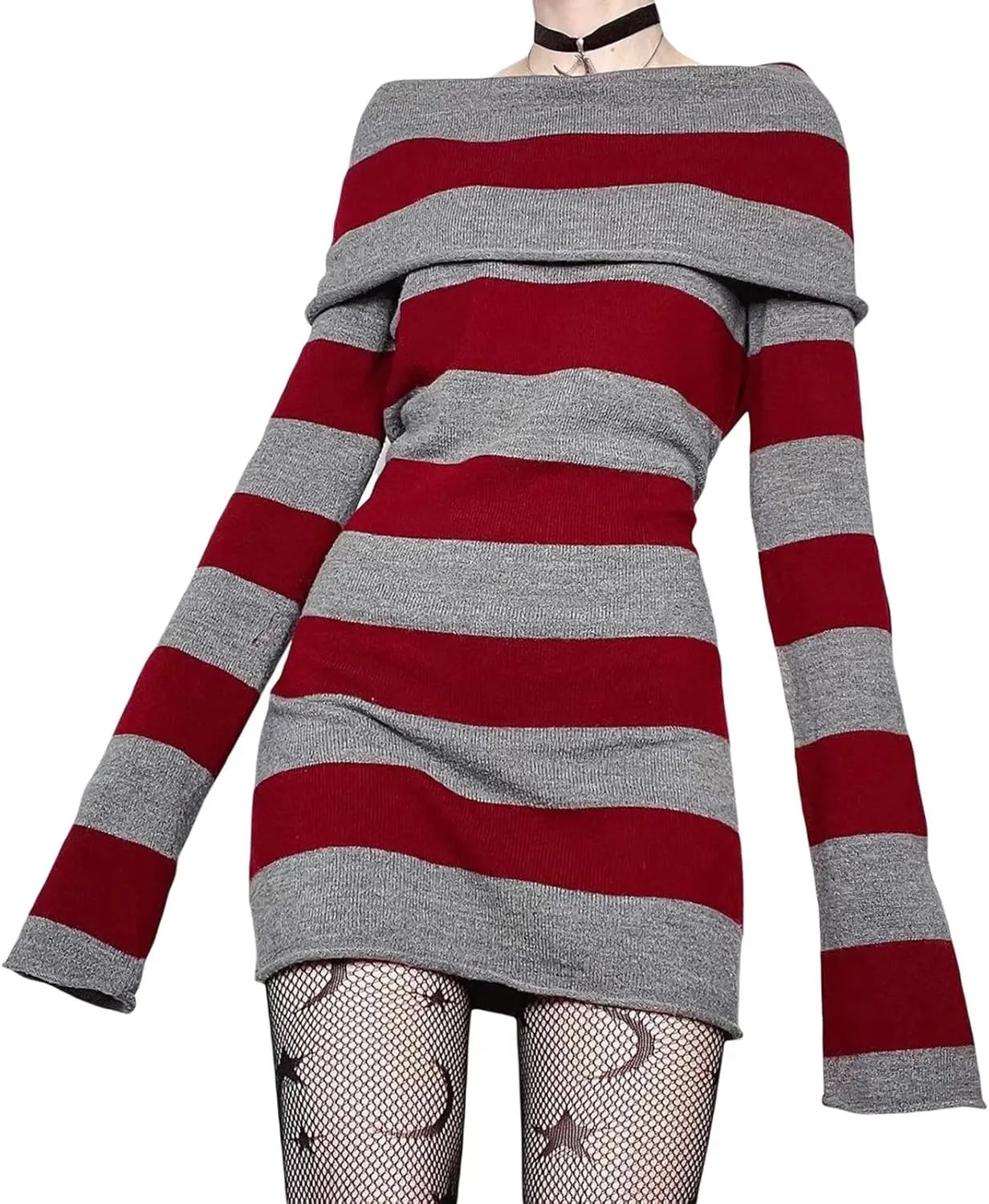 ANKOMINA Women's Gothic Punk Off Shoulder Striped Knit Mini Dress Bodycon Y2K Long Sleeve Sweater Dress for Halloween Party