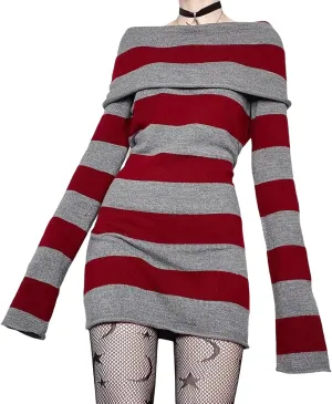 ANKOMINA Women's Gothic Punk Off Shoulder Striped Knit Mini Dress Bodycon Y2K Long Sleeve Sweater Dress for Halloween Party