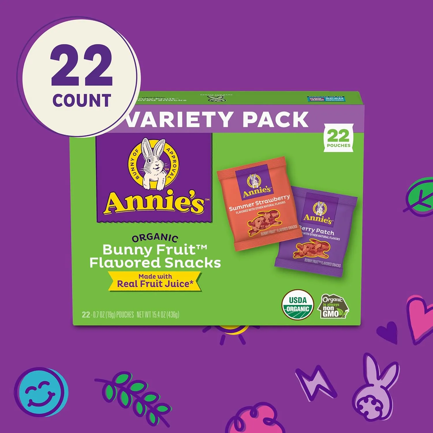 Annie's Organic Bunny Fruit Snacks, Variety Pack, Gluten Free Snack, 22 ct, 15.4 oz