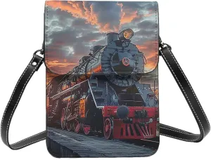 Antique Steam Locomotive Train Black And Red Crossbody Cell Phone Purse For Women Teen Girls Leather Small Crossbody Bag Mini Phone Pouch Purse, 7.5x5.3 Inches
