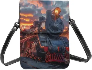 Antique Steam Locomotive Train Red And Black Crossbody Cell Phone Purse For Women Teen Girls Leather Small Crossbody Bag Mini Phone Pouch Purse, 7.5x5.3 Inches