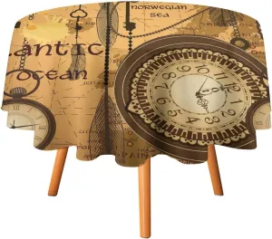 Antique Steampunk Clock Table Cloths Round 70Inch Tablecloths,Vintage Rustic Farmhouse Mechanical Key Clock Print Tablecloths Washable for Indoor Outdoor Table Cover