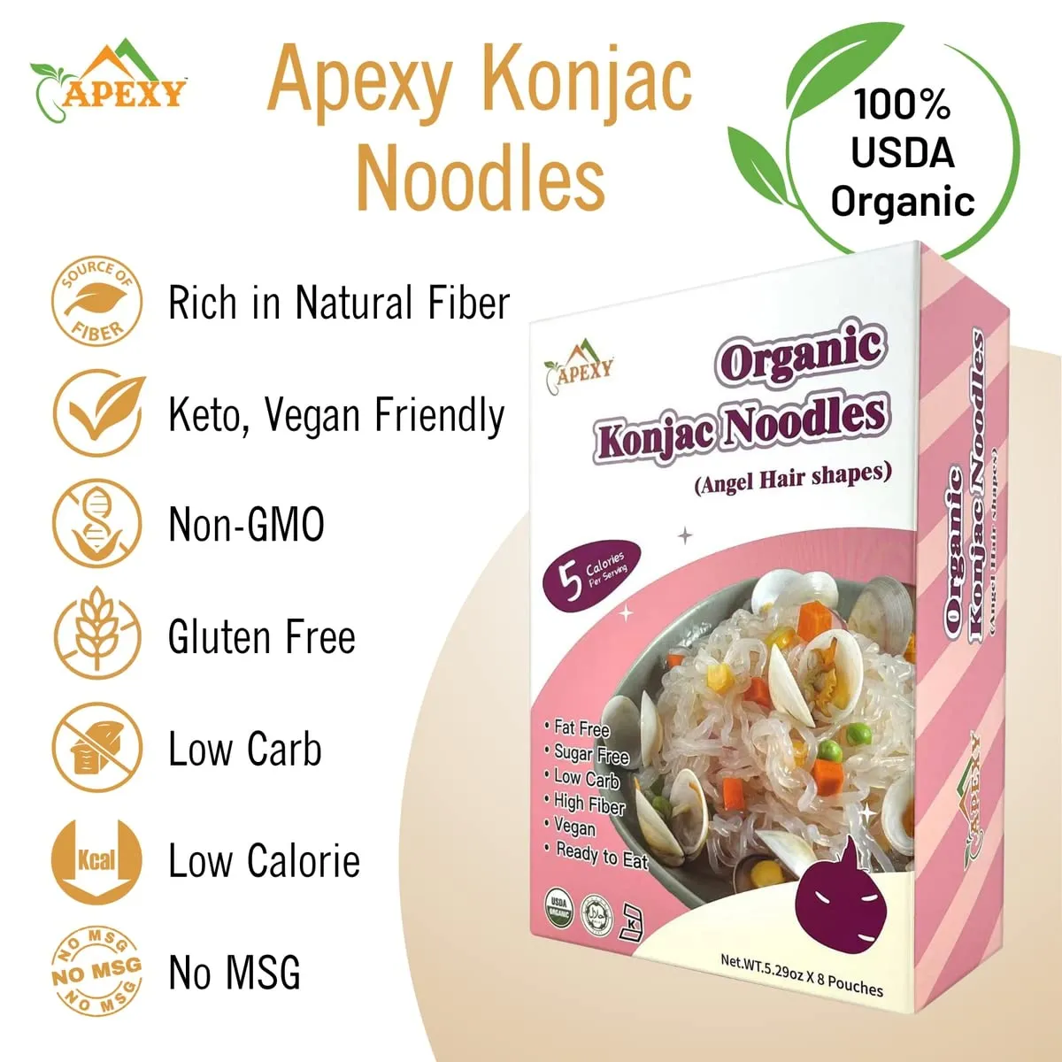 Apexy Organic Shirataki Konjac Noodle 8 Pouches Total 42.24oz. Low Calorie, Low-Carb Gluten Free, Vegan, Keto and Paleo-Friendly. (Angel Hair Shapes)
