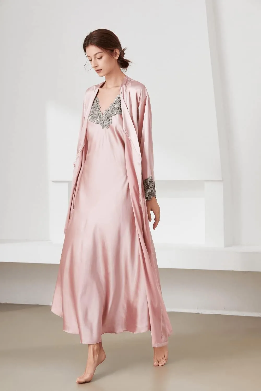 ASHER FASHION 2 Piece Women Satin Nightgowns and Robe Set Sexy Lace Silk Slip Dress Long Chemise Nightdress Sleepwear