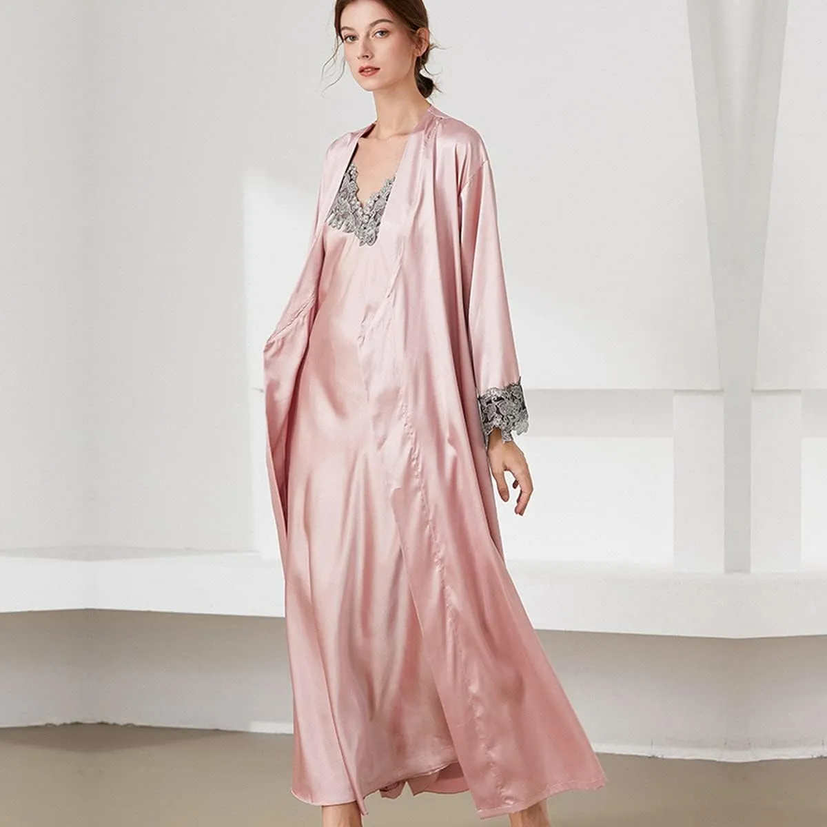 ASHER FASHION 2 Piece Women Satin Nightgowns and Robe Set Sexy Lace Silk Slip Dress Long Chemise Nightdress Sleepwear