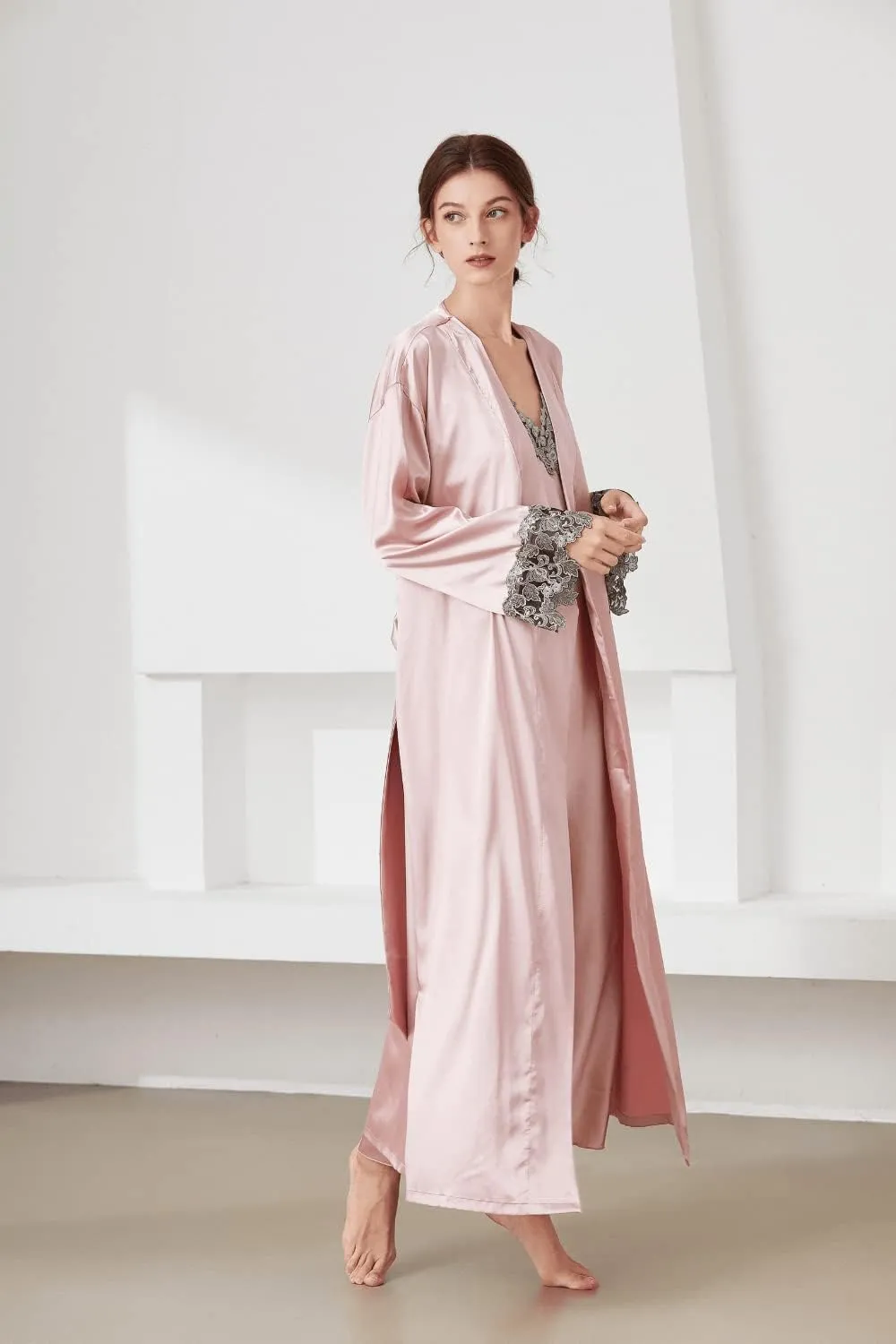 ASHER FASHION 2 Piece Women Satin Nightgowns and Robe Set Sexy Lace Silk Slip Dress Long Chemise Nightdress Sleepwear