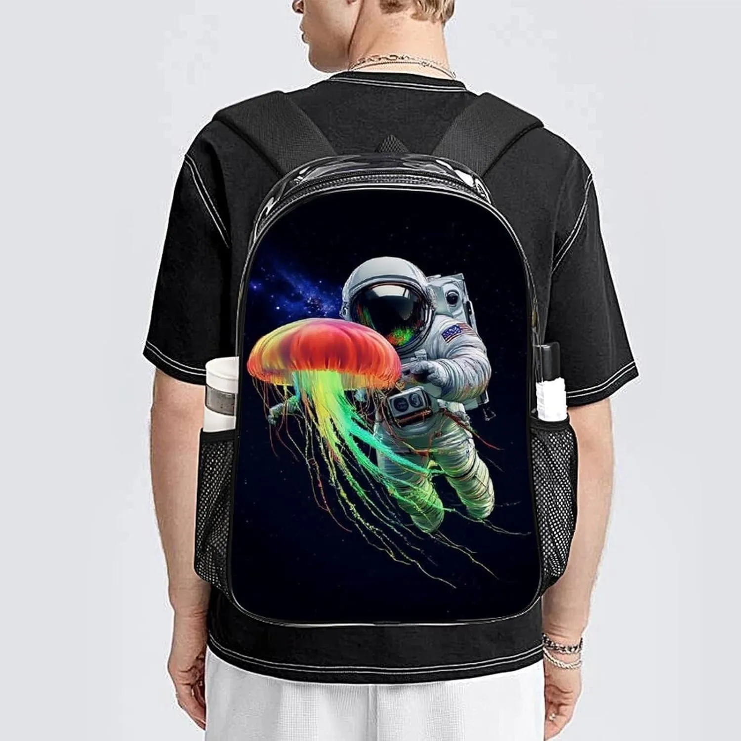 Astronaut Space Trippy Galaxy Planet Colorful Jellyfish Backpack Transparent Anti-Theft Multipurpose Bookbag Large Capacity Laptop Book Bag Rucksack With Side Pockets