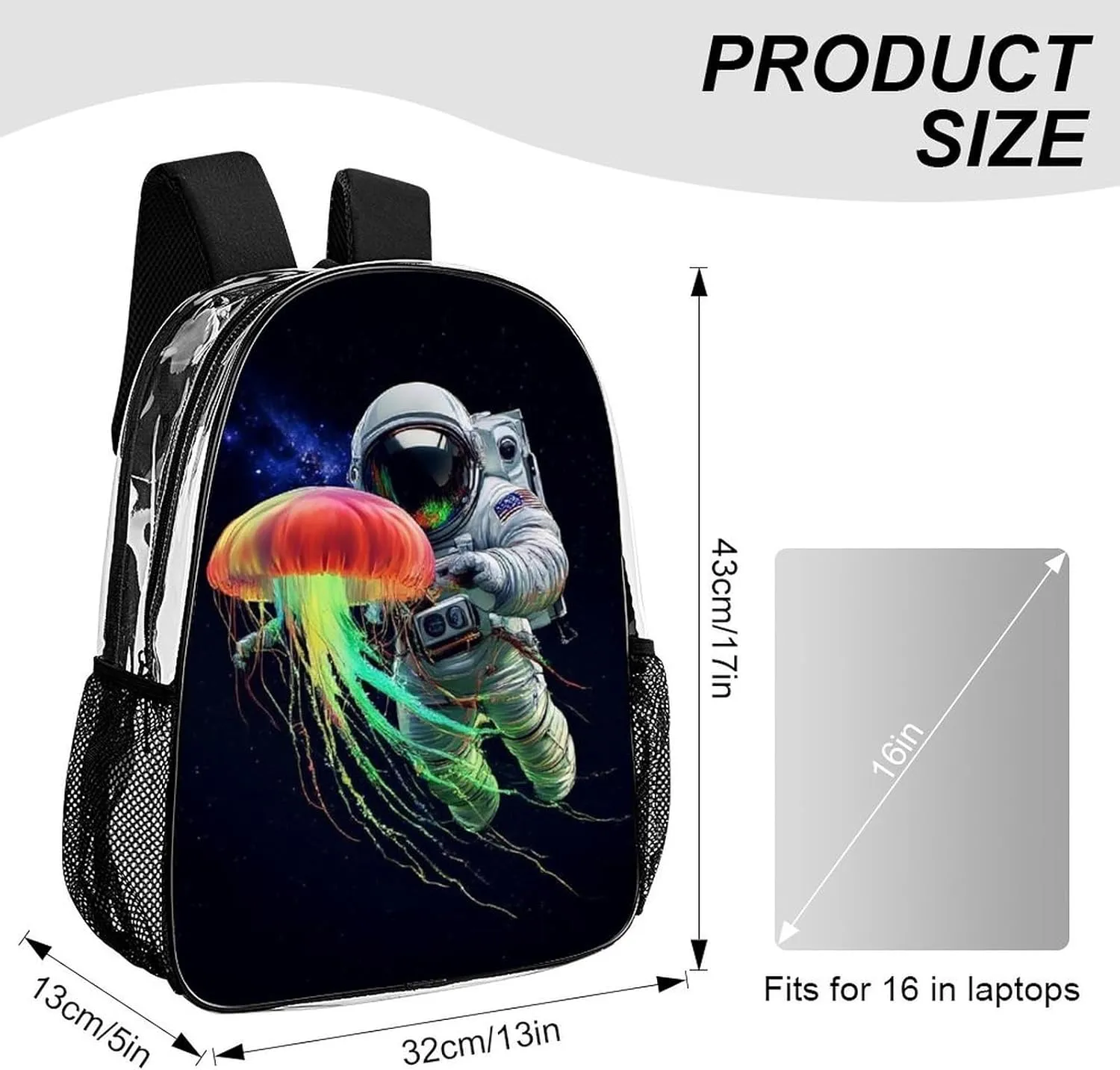 Astronaut Space Trippy Galaxy Planet Colorful Jellyfish Backpack Transparent Anti-Theft Multipurpose Bookbag Large Capacity Laptop Book Bag Rucksack With Side Pockets