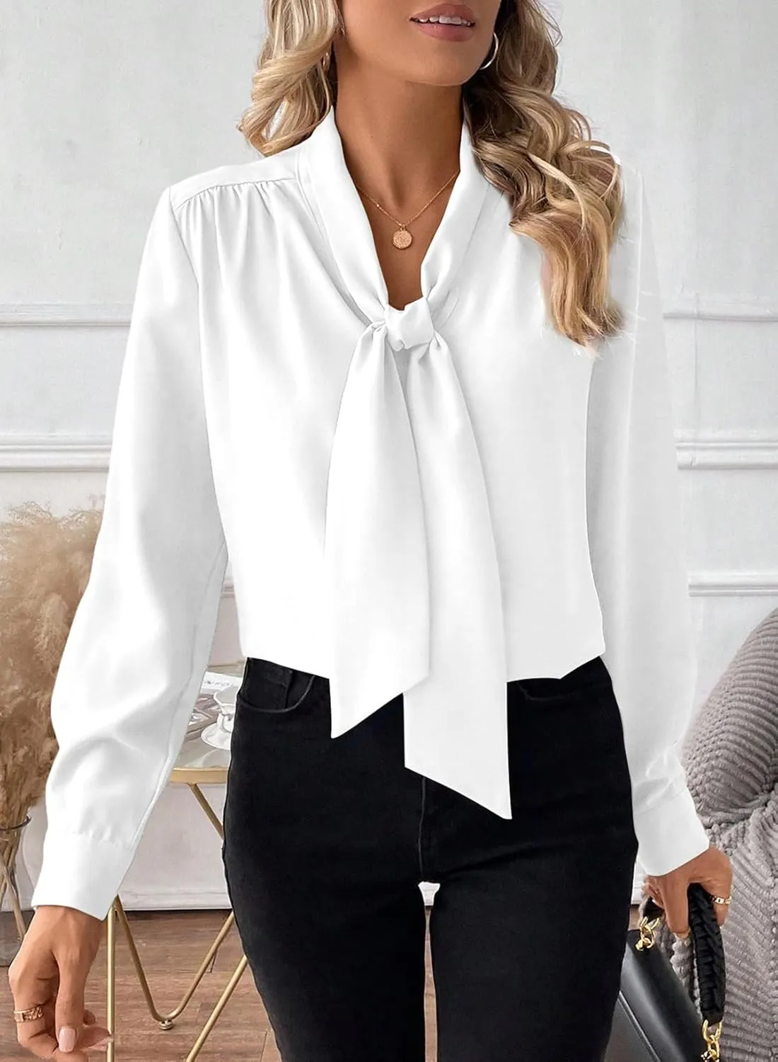 Astylish Women's Bow Tie Neck Long Sleeve Dressy Elegant Office Work Blouse Shirt Tops