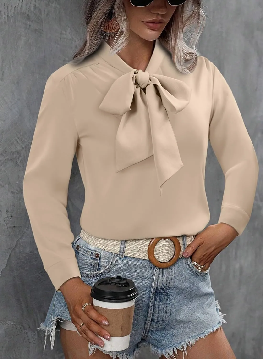 Astylish Women's Bow Tie Neck Long Sleeve Dressy Elegant Office Work Blouse Shirt Tops
