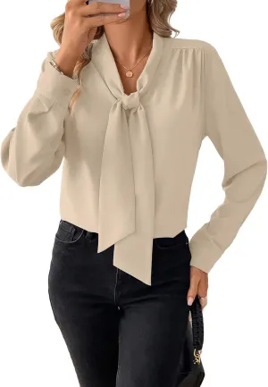 Astylish Women's Bow Tie Neck Long Sleeve Dressy Elegant Office Work Blouse Shirt Tops