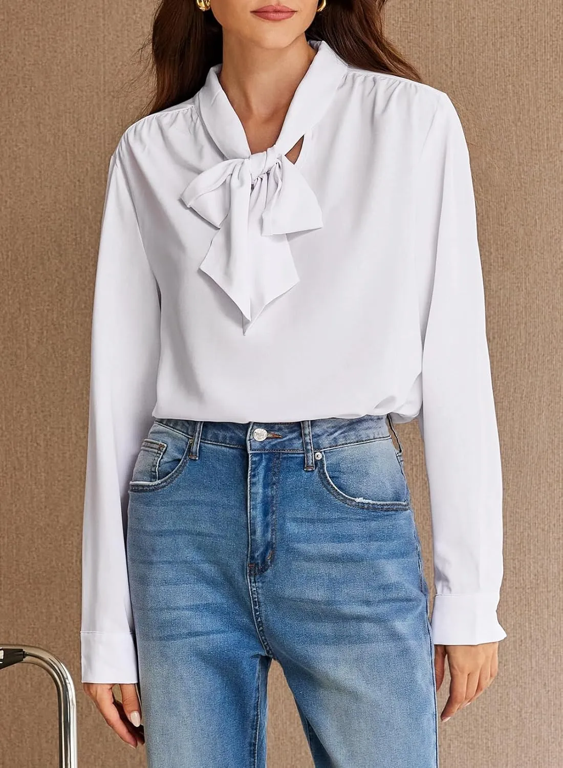 Astylish Women's Bow Tie Neck Long Sleeve Dressy Elegant Office Work Blouse Shirt Tops