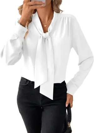 Astylish Women's Bow Tie Neck Long Sleeve Dressy Elegant Office Work Blouse Shirt Tops
