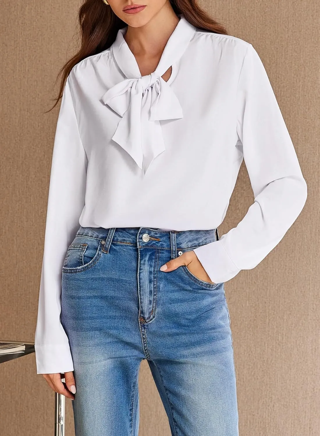 Astylish Women's Bow Tie Neck Long Sleeve Dressy Elegant Office Work Blouse Shirt Tops