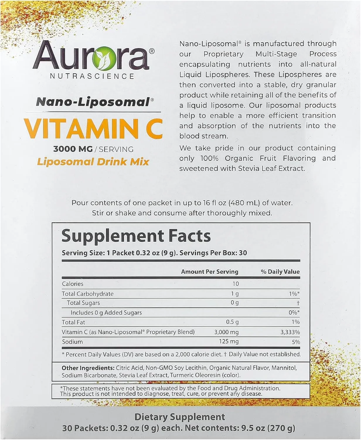 Aurora Nutrascience Nano-Pack Liposomal Vitamin C Powder Drink Mix, Immune Support, High Strength 3,000 mg Per Serving, 30 Single Serve Packets, Orange