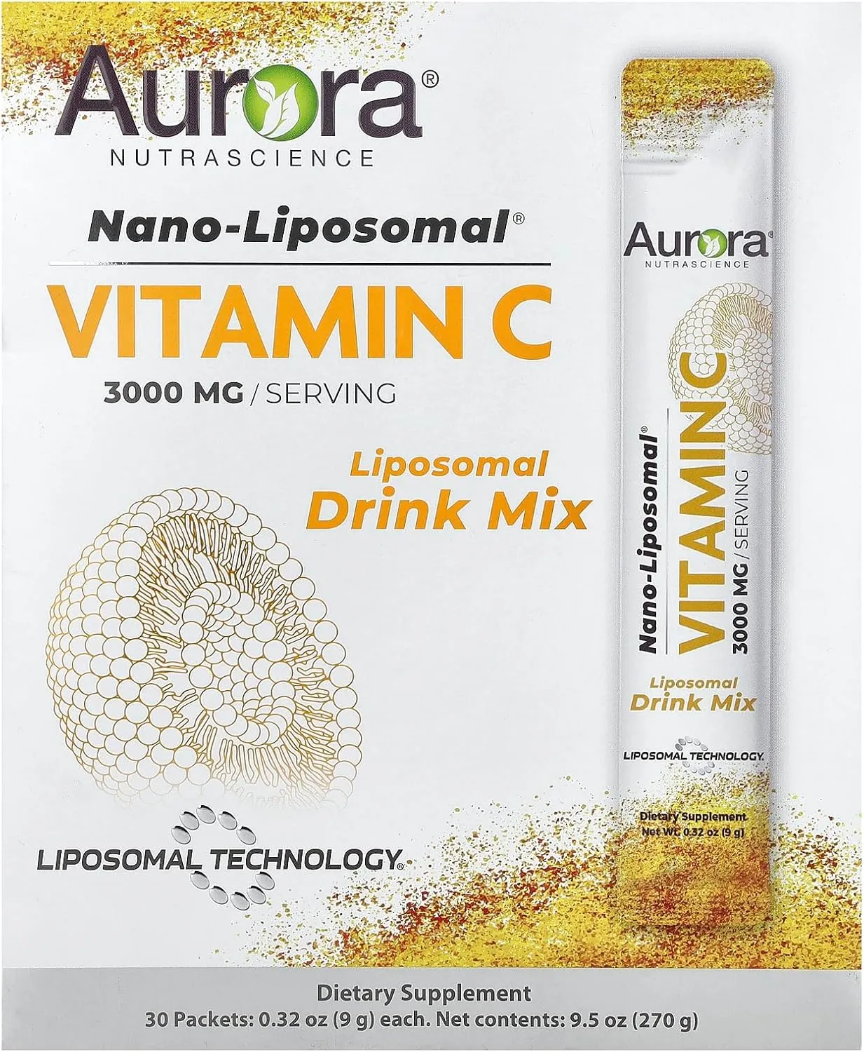 Aurora Nutrascience Nano-Pack Liposomal Vitamin C Powder Drink Mix, Immune Support, High Strength 3,000 mg Per Serving, 30 Single Serve Packets, Orange
