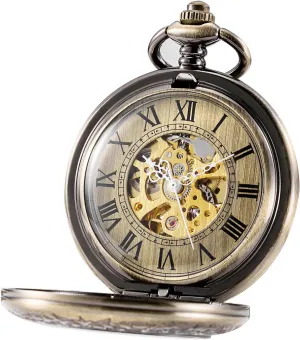 Automatic Mechanical Pocket Watch Magnifier Case Steampunk Skeleton Roman Numerals Dial for Men Women Bronze