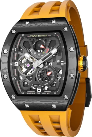 Automatic Watch for Men Mechanical Skeleton Watch, 50M Waterproof Power Reserve Mens Watches, Luxury Tonneau Yellow Carbon Fiber Wristwatch, Unique Gifts for Men