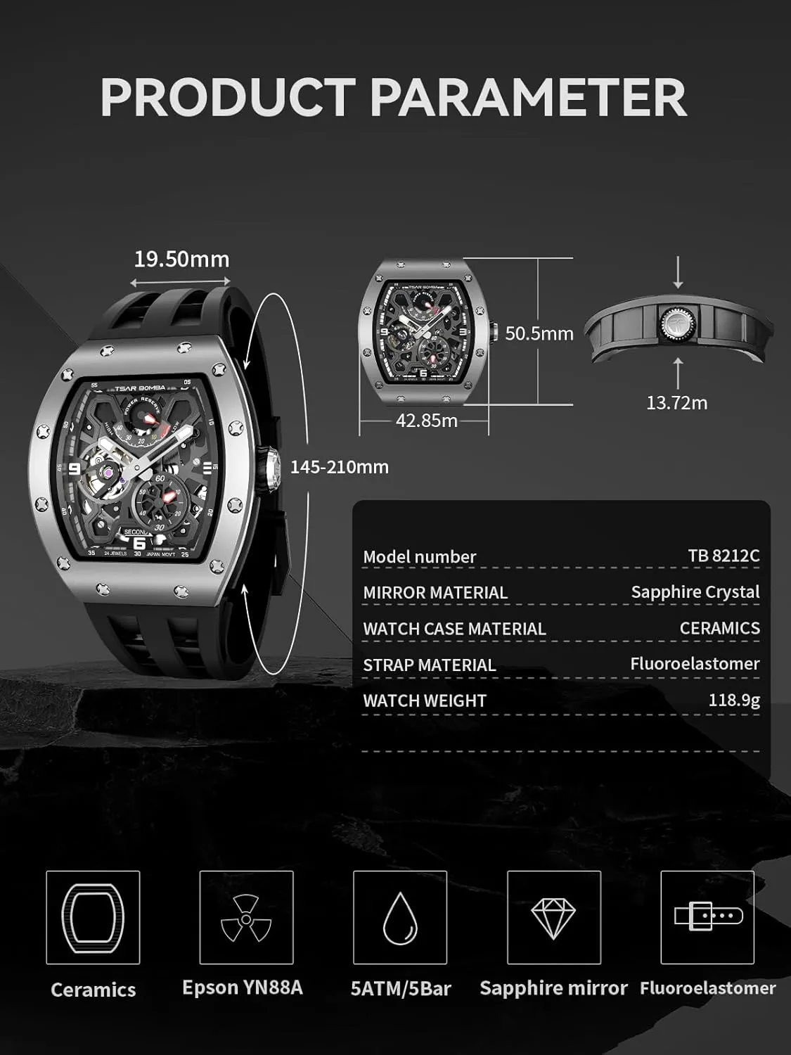 Automatic Watch for Men Mechanical Skeleton Watch, 50M Waterproof Power Reserve Mens Watches Unique Gifts for Men