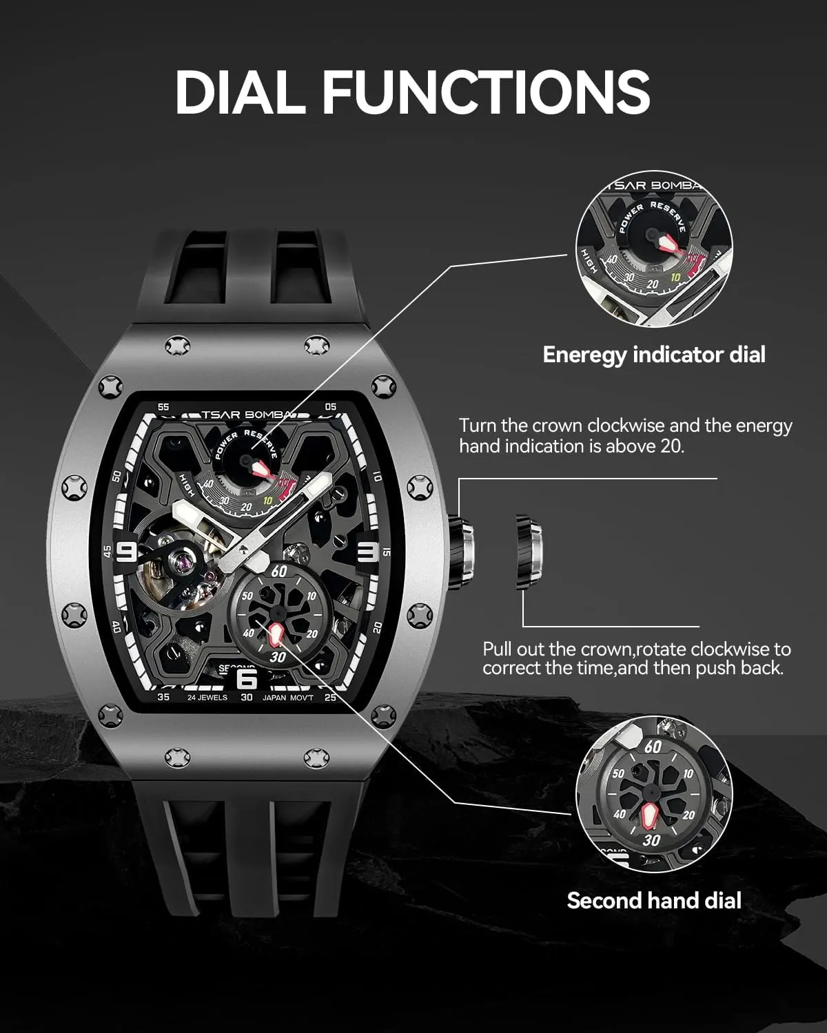 Automatic Watch for Men Mechanical Skeleton Watch, 50M Waterproof Power Reserve Mens Watches Unique Gifts for Men
