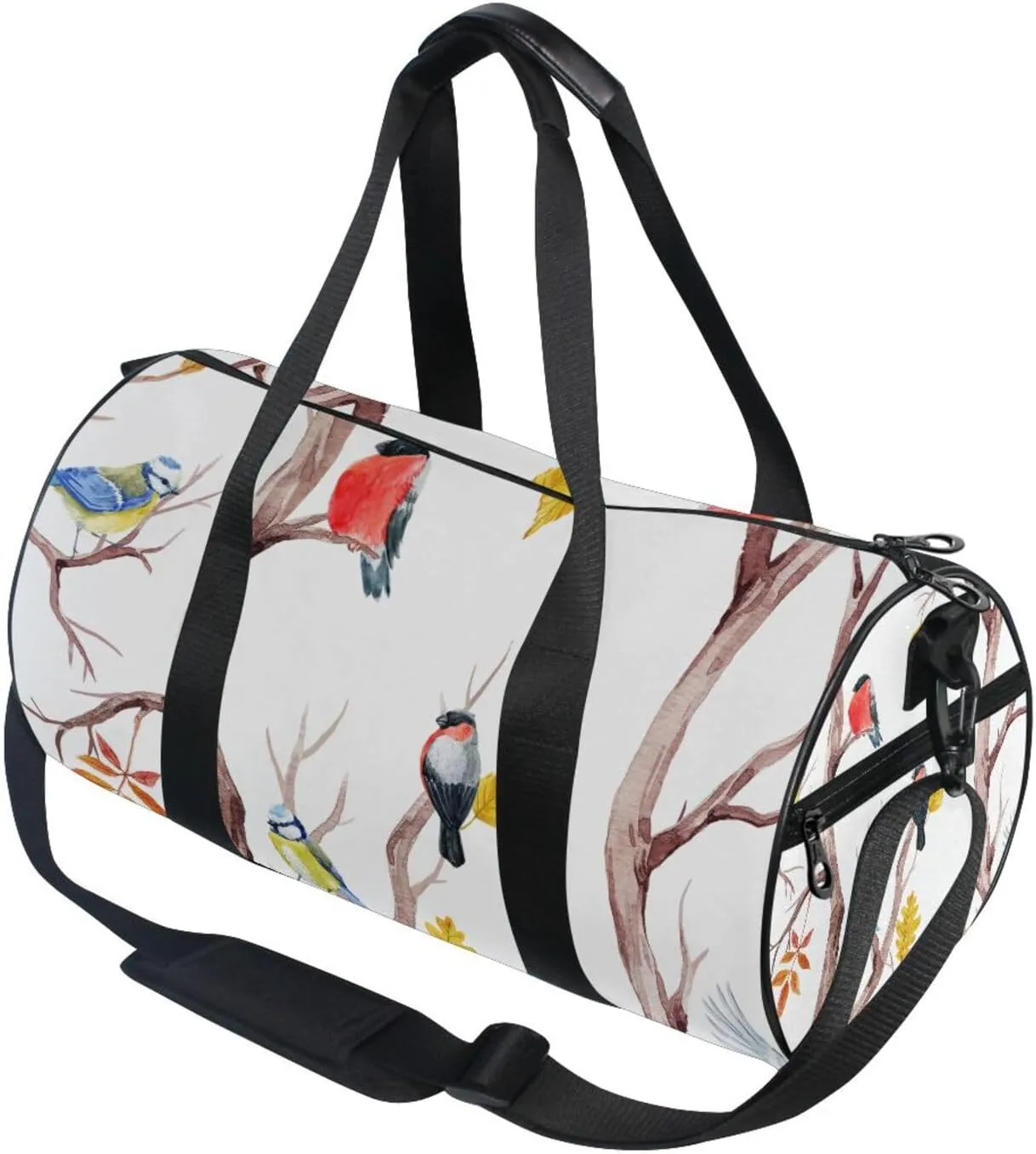 Autumn Tree with Leaves and Birds on Branches on White Portable Gym Bag, Travel Bag, Luggage bag, Sports Bag, Toiletry Bag with Handles, Detachable Shoulder Strap 17.6 x 9 x 9 inch