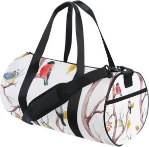 Autumn Tree with Leaves and Birds on Branches on White Portable Gym Bag, Travel Bag, Luggage bag, Sports Bag, Toiletry Bag with Handles, Detachable Shoulder Strap 17.6 x 9 x 9 inch